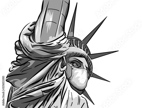 Statue of Liberty resists coronavirus by wearing a face medical mask. Vector image. COVID 19 danger. 