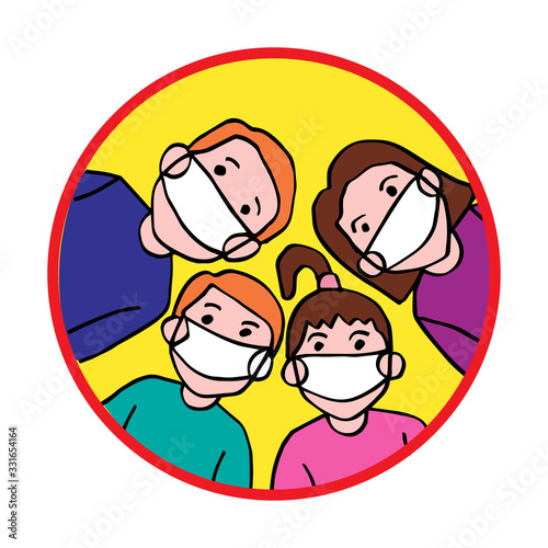 Cartoon family wearing protective Medical mask for prevent coronavirus.