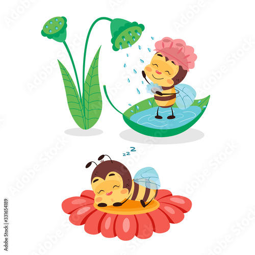 Bee is taking shower and sleeping on flower. Character design illustration for kids on white isolated background. The cute and funny bee life