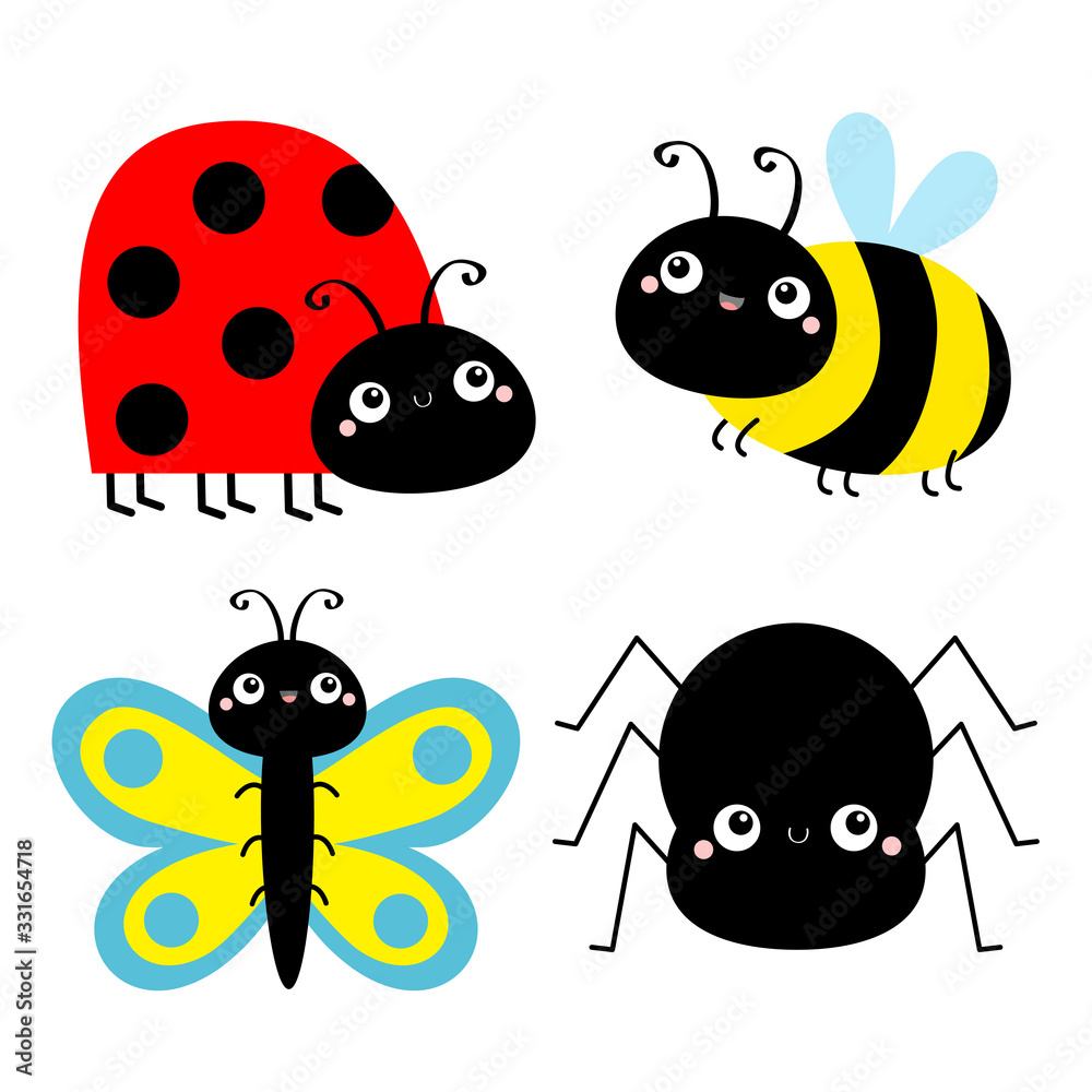 Insect set. Ladybug ladybird, bee bumblebee, butterfly, spider, lady bug. Cute cartoon kawaii baby animal character. Flat design. White background. Isolated.