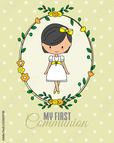 First communion card. Girl inside flower frame