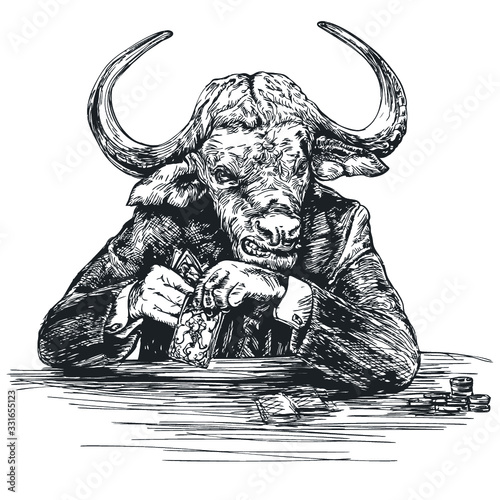 Bison bull angrily plays table poker engraving style vector sketch