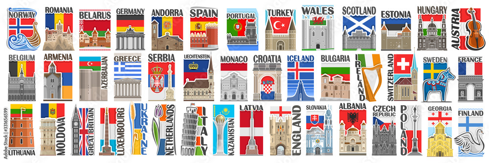 Vector set of European Countries with flags and symbols, 43 isolated vertical labels with national state flags and brush font for different words, art design stickers for european independence day.