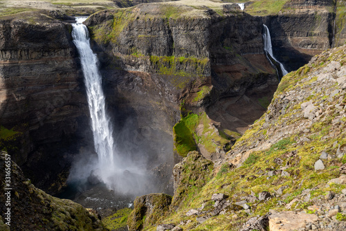 View of the landscape of the Haifoss waterfall in Iceland.