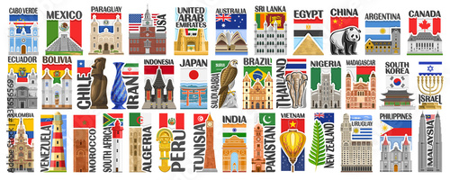 Vector set of American and Asian Countries with flags and symbols  38 isolated vertical labels with national state flags and brush font for different words  decorative stickers for independence day.