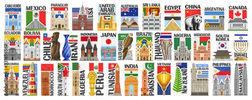 Vector set of American and Asian Countries with flags and symbols, 38 isolated vertical labels with national state flags and brush font for different words, decorative stickers for independence day.