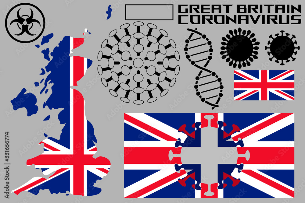 Obraz premium An illustration of the coronavirus, with flags and the territory of the country of great Britain. Coronavirus cells, a genetic helix, and a biohazard sign.