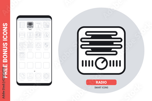 Radio application or receiver icon for smartphone, tablet, laptop or other smart device with mobile interface. Simple black and white version. Contains free bonus icons
