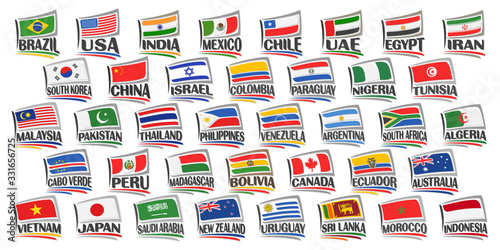 Vector set of American and Asian Countries Flags, 38 isolated labels with national state flags and brush font for different words on white background, decorative tourist stickers for independence day.