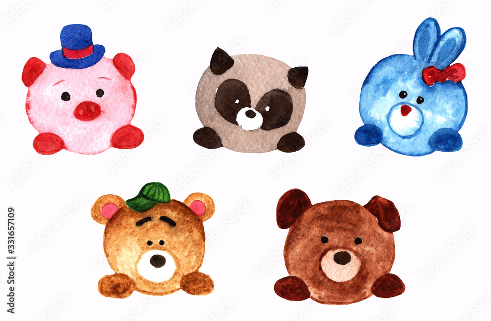 Obraz premium Cute watercolor animals. Isolated on white objects. Kids illustration