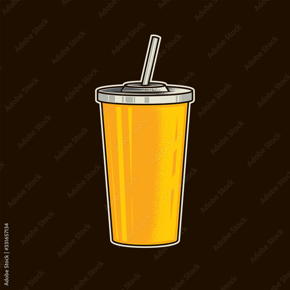 Original vector illustration of a yellow plastic soda Cup with a lid and straw in vintage style. Original vector illustration of a yellow plastic soda Cup with a lid and straw in vintage style.