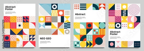 Color neo geo poster. Modern grid flyer with geometric shapes, geometry graphics and abstract background vector set. Geometry grid pattern banner vivid presentation illustration photo