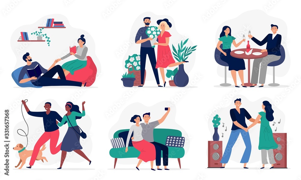 Fototapeta premium Lovers spend time together. Couples in love, happy people love each other and lifestyle vector illustration set. Woman and man together, love and relationship