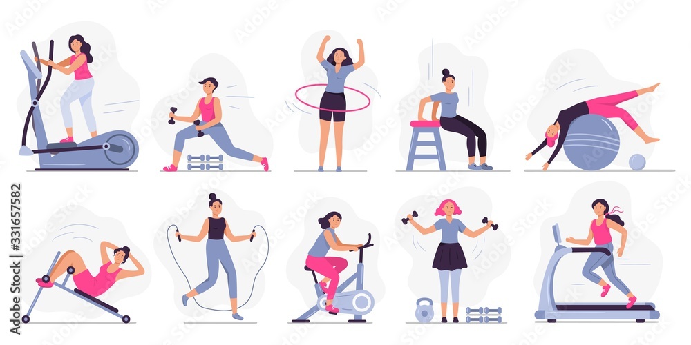 custom made wallpaper toronto digitalWoman at sport gym. Vector illustration set. Female run on treadmill, equipment for fitness in gym, workout people, training exercise collection