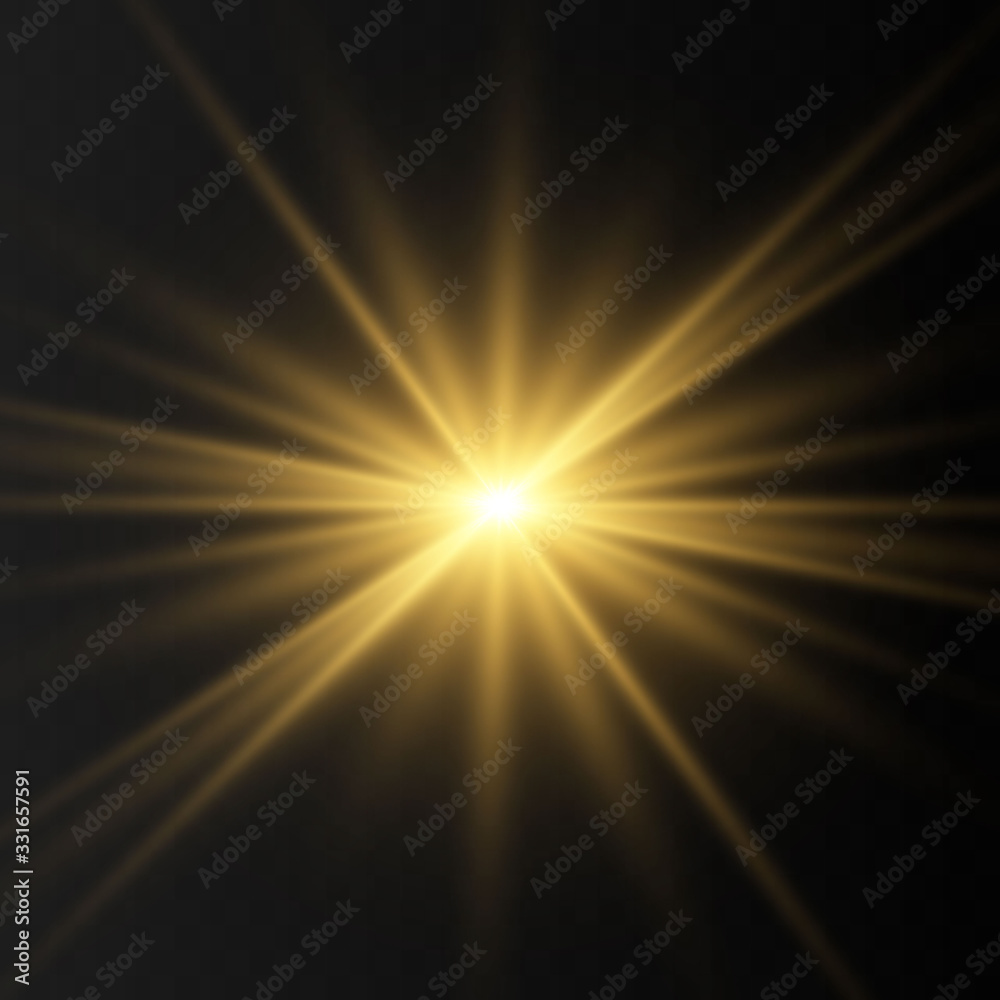 Set of Golden glowing lights effects isolated on transparent background. Flash of the sun with rays and searchlight. The glow effect. The star burst into brilliance.
