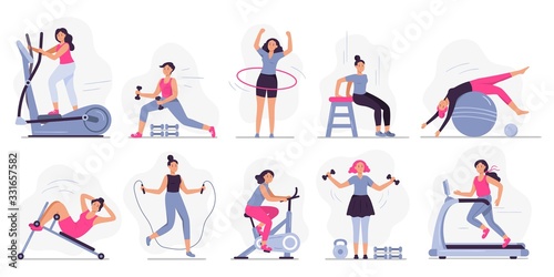 Woman at sport gym. Vector illustration set. Female run on treadmill, equipment for fitness in gym, workout people, training exercise collection photo