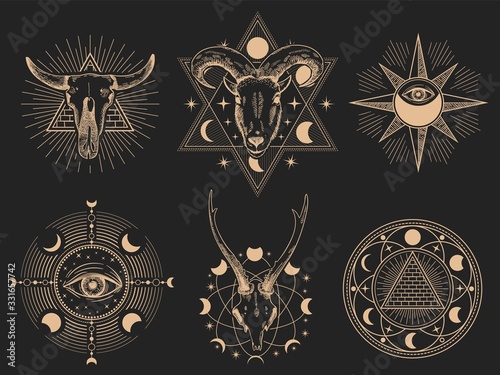 Occult symbols. Vector illustration set. Occult magic tattoo, sacred spirituality esoteric collection, mystic ornament masonic photo