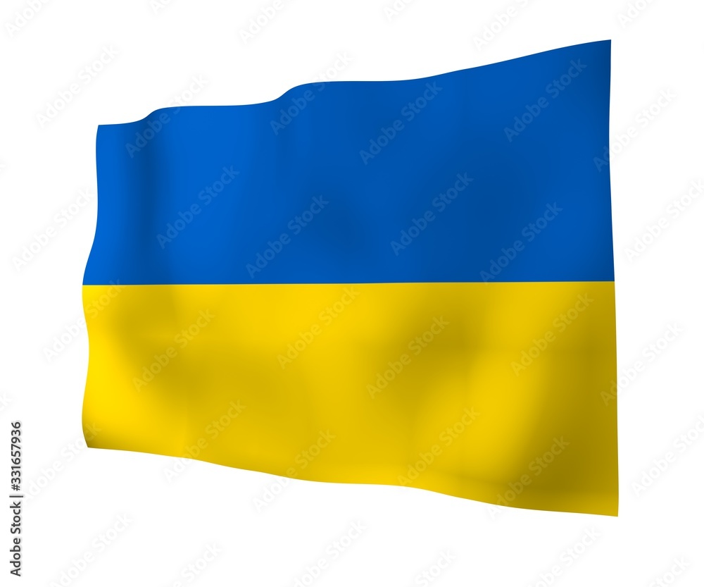The flag of Ukraine on a white background. National flag and state ensign. Blue and yellow bicolour. 3D illustration waving flag The flag of Ukraine on a white background. National flag and state ensign. Blue and yellow bicolour. 3D illustration waving flag