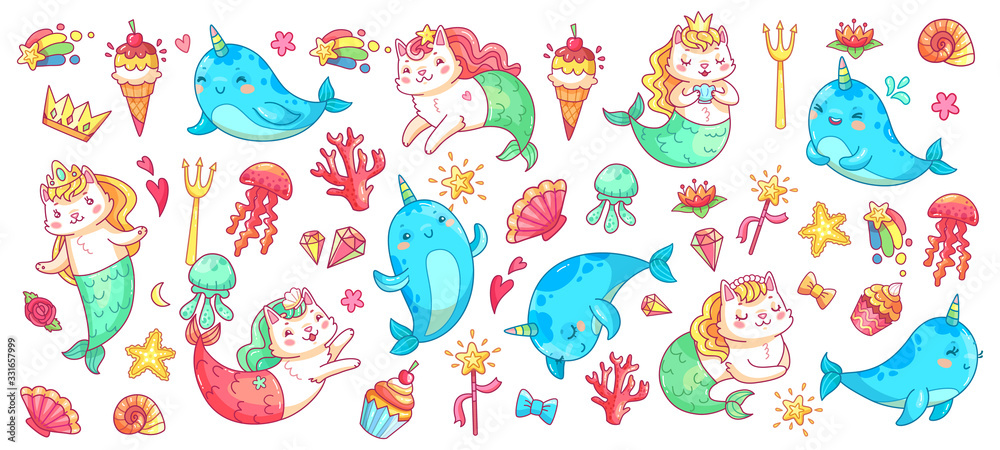 Fototapeta premium Unicorn narwhal and mermaid cat. Vector illustration set. Magic fantasy animal, mythological mermaid cat. funny myth, ice cream and fish