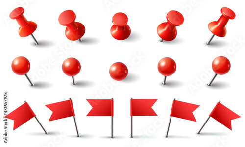 Red pushpin, flag and thumbtack. Isolated vector set. Red thumbtack, pushpin and needle marking, push button attach illustration