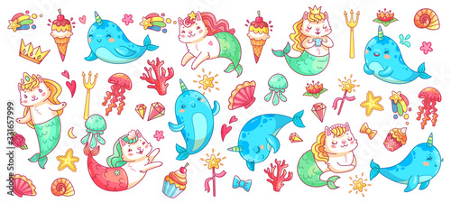 Unicorn narwhal and mermaid cat. Vector illustration set. Magic fantasy animal  mythological mermaid cat. funny myth  ice cream and fish
