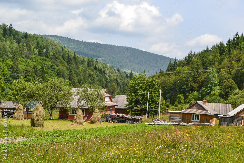 An incredibly beautiful village in the Ukrainian Carpathians.  Ukrainian flavor.  Landscape and mountain view.