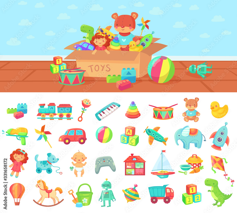 Cartoon toys. Vector set of kids play, block and doll, rattle car and cute elephant, joystick and box with game illustration
