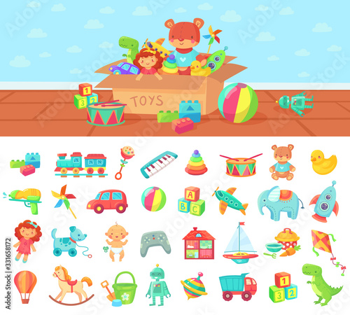 Cartoon toys. Vector set of kids play, block and doll, rattle car and cute elephant, joystick and box with game illustration