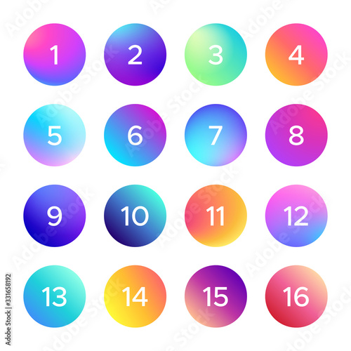 Colorful gradient with number. Vector set of shape circle and round, full glowing colored numerical illustration