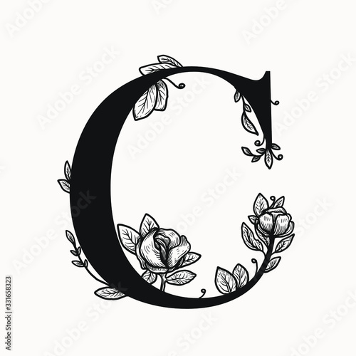 vector letter C drop caps big initial with floral decorations. graphic design elements . first letter of the paragraph isolated ornate design. serif letter B with floral illustrations.