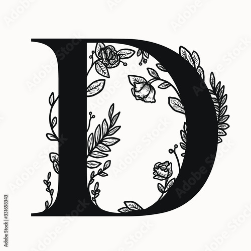 vector letter d drop caps big initial with floral decorations. graphic design elements . first letter of the paragraph isolated ornate design. serif letter B with floral illustrations. photo