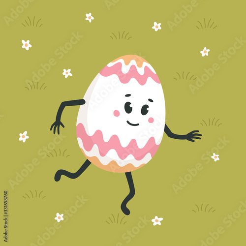 Happy easter greeting card. Colored egg with cute face dancing on a green law...