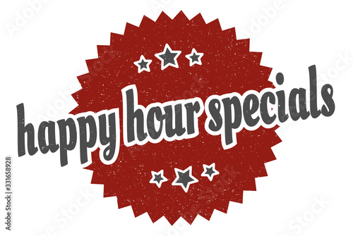 happy hour specials sign. happy hour specials round vintage retro label. happy hour specials