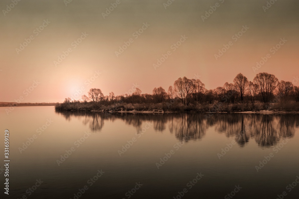 dawn on the banks of the morning river. Belarus Gomel