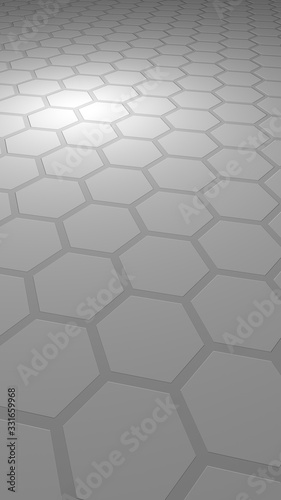Honeycomb on a gray background. Perspective view on polygon look like honeycomb. Extruded  bump cell. Isometric geometry. Vertical image orientation. 3D illustration