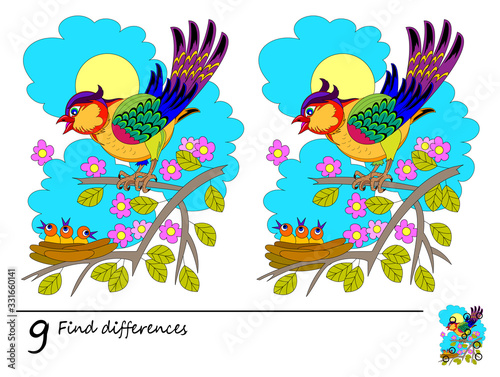 Find 9 differences. Logic puzzle game for children and adults. Printable page for kids brain teaser book. Illustration of bird and his babies in nest. Developing counting skills. IQ training test.