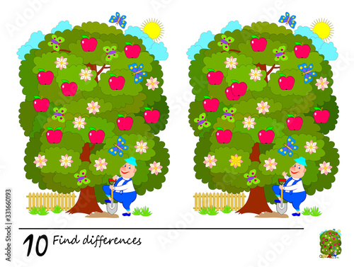 Find 10 differences. Logic puzzle game for children and adults. Printable page for kids brain teaser book. Illustration of gardener under the tree. Developing counting skills. IQ test. Vector image.