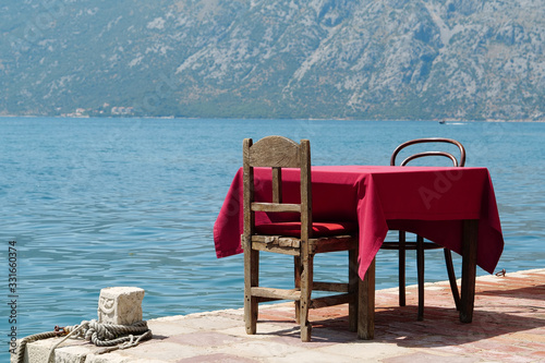 Table in restaurant on the coast of sea