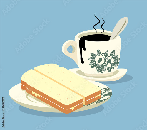 Breakfast set. Traditional oriental style coffee and kaya butter toast set .Vintage Nanyang style coffee cup and plate. Translation: Coconut jam- flat art vector