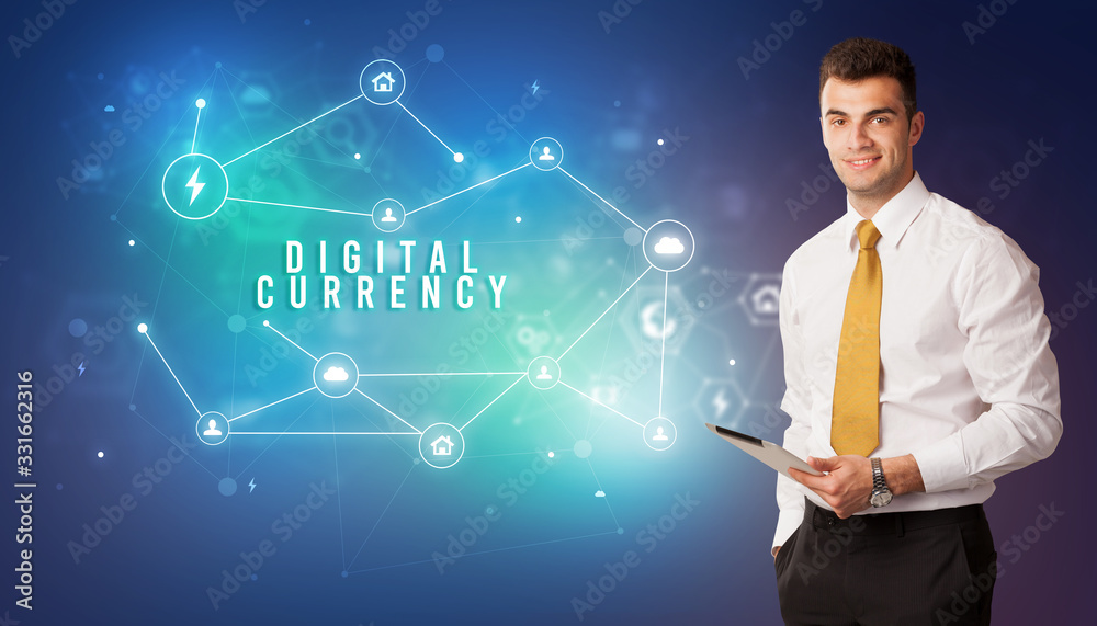 Businessman in front of cloud service icons with DIGITAL CURRENCY inscription, modern technology concept Businessman in front of cloud service icons with DIGITAL CURRENCY inscription, modern technology concept