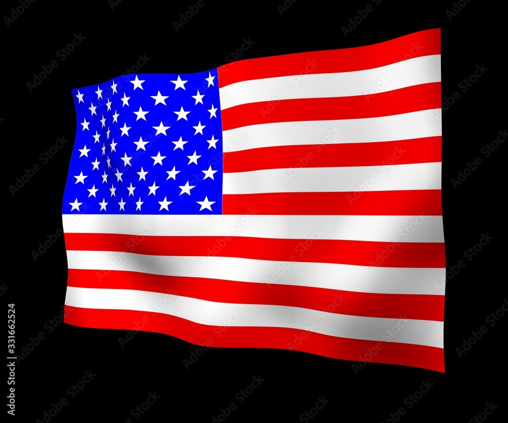 Waving flag of the United States of America on a dark background. Stars and Stripes. State symbol of the USA. 3D illustration Waving flag of the United States of America on a dark background. Stars and Stripes. State symbol of the USA. 3D illustration