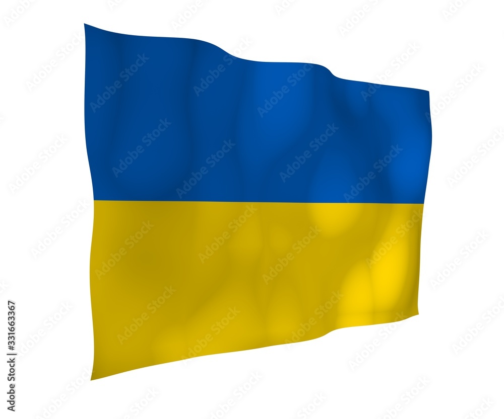 Obraz premium The flag of Ukraine on a white background. National flag and state ensign. Blue and yellow bicolour. 3D illustration waving flag