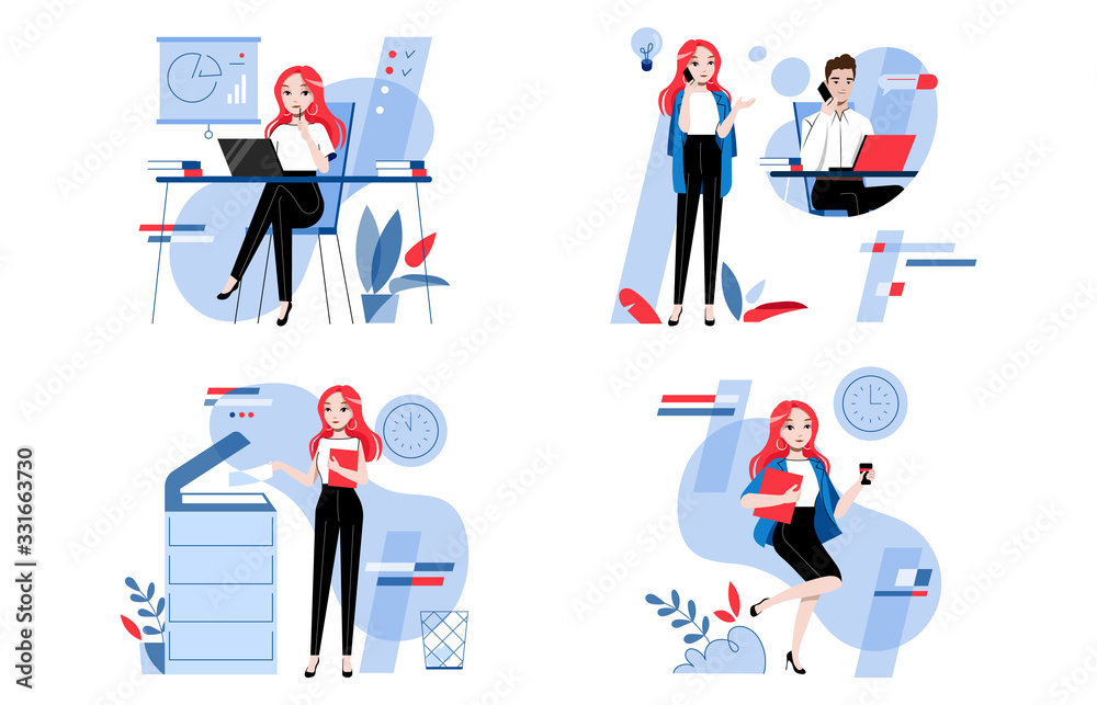 Concept Of Businesswoman Working Day. Girl Is Working In The Office Doing Different Work. Finding New Ideas, Brainstorming And Collaboration. Cartoon Linear Outline Flat Style. Vector Illustration Concept Of Businesswoman Working Day. Girl Is Working In The Office Doing Different Work. Finding New Ideas, Brainstorming And Collaboration. Cartoon Linear Outline Flat Style. Vector Illustration