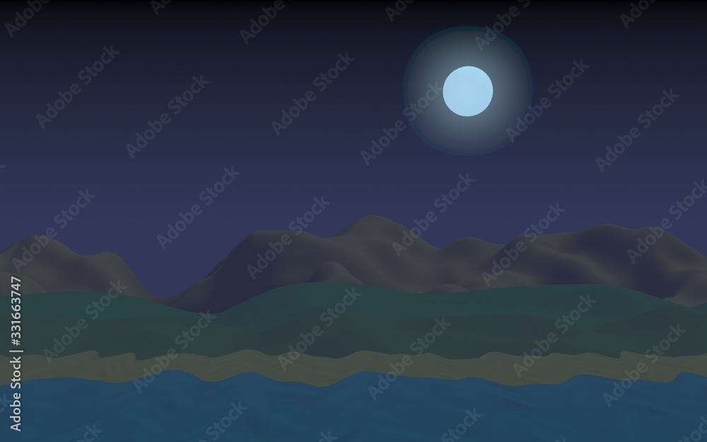 Starry moonless sky. Ocean shore line with waves on a beach. Island beach paradise with waves. Vacation, summer, relaxation. Seascape, seashore. Minimalist landscape, primitivism. 3D illustration Starry moonless sky. Ocean shore line with waves on a beach. Island beach paradise with waves. Vacation, summer, relaxation. Seascape, seashore. Minimalist landscape, primitivism. 3D illustration