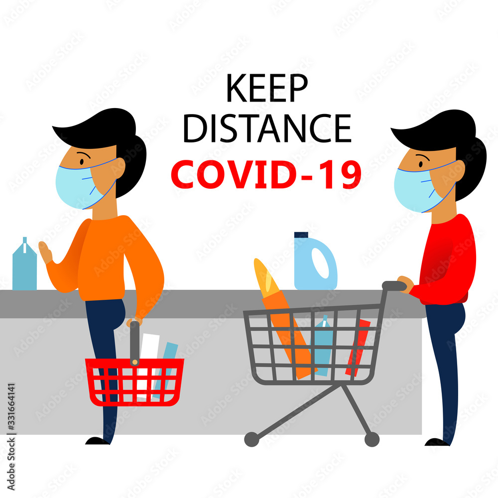 A square vector image with a man being in the public store and wearing a medical mask. Keep quarantine during the coronavirus epidemic. A square vector image with a man being in the public store and wearing a medical mask. Keep quarantine during the coronavirus epidemic.