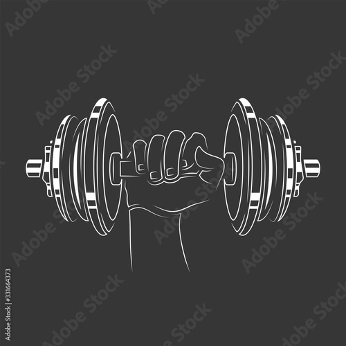 Original outline illustration. Dumbbell team in hand in vintage style.
