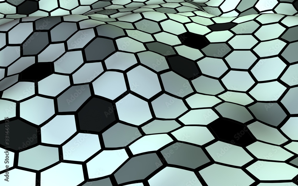 Fototapeta premium Honeycomb with a gradient color. Perspective view on polygon look like honeycomb. Wavy surface. Isometric geometry. 3D illustration