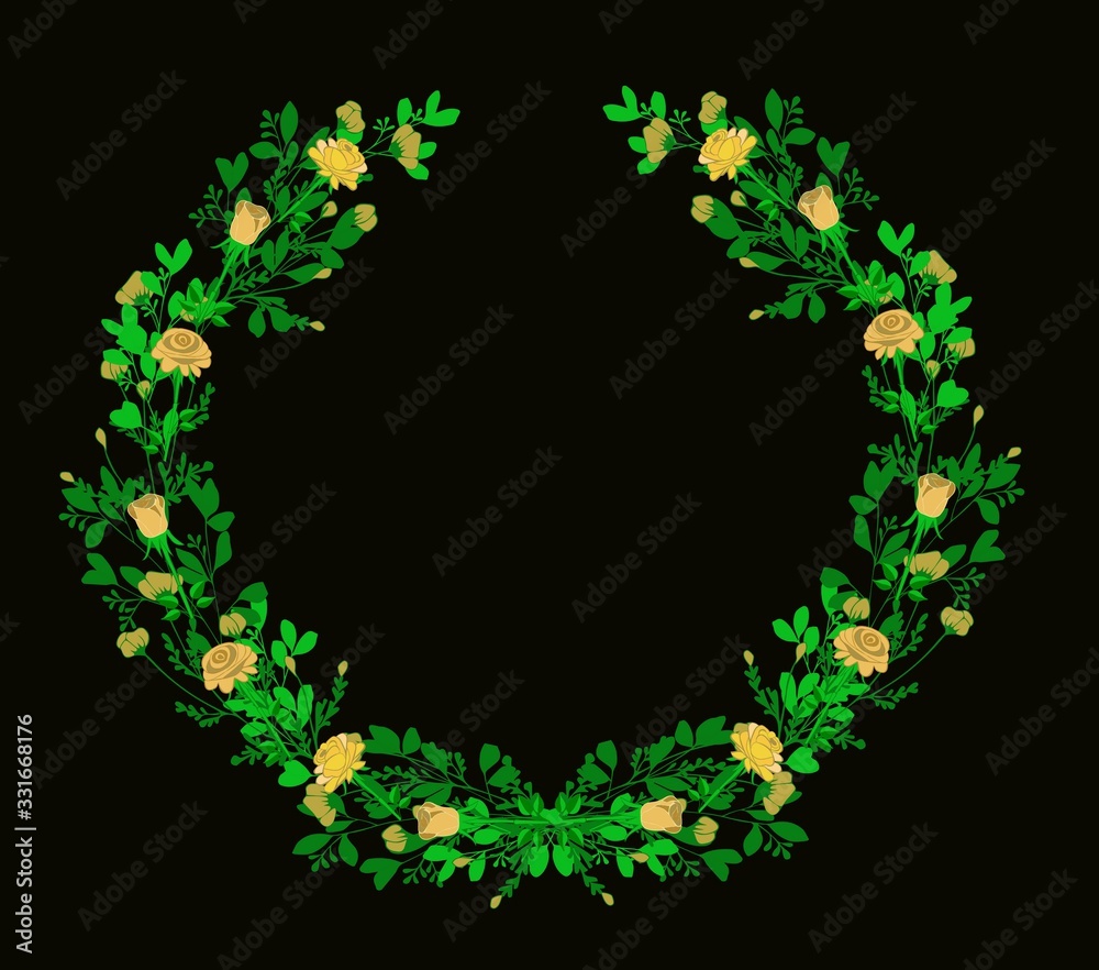 flower frame of yellow roses in a circle on a black background for decorating stencils and postcards flower frame of yellow roses in a circle on a black background for decorating stencils and postcards