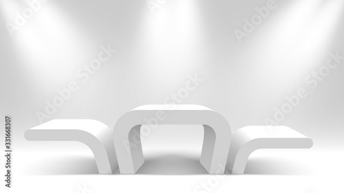 White winners podium. Exhibition stand. Pedestal with spotlights. Vector illustration.