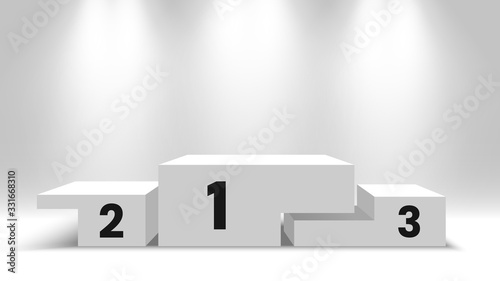 White winners podium with spotlights. Pedestal. Vector illustration. 